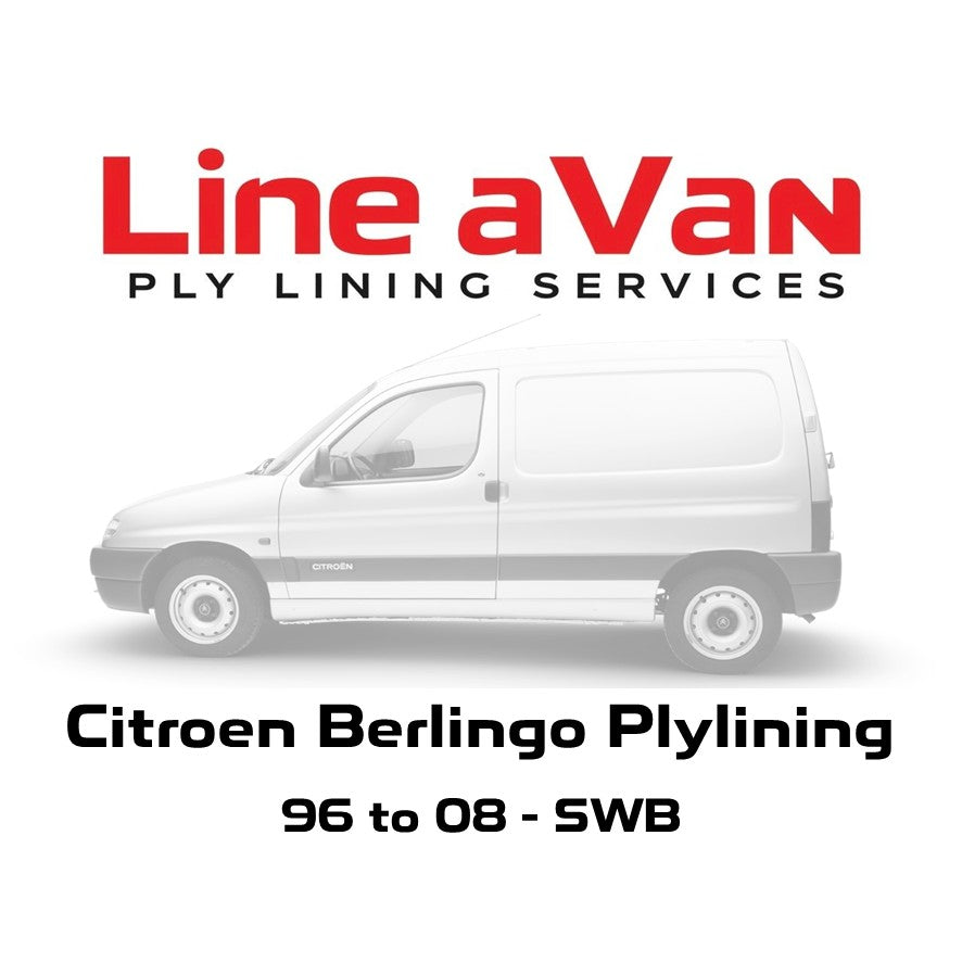Advertisement for Line a Van ply lining services with a Citroen Berlingo van on a white background.